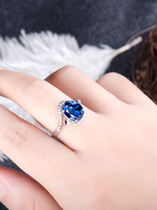 蓝宝石戒指s952银女款时尚个性韩版带钻简约纯银坦桑石镶钻妈妈款