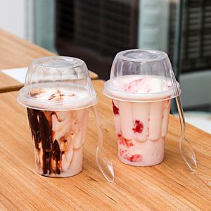 250ml冰淇淋圣代杯一次性加厚塑料带盖子勺子双皮奶酸奶布丁杯子