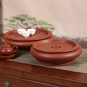 潮州老安顺朱泥手拉茶盘传统家用大小圆形紫砂茶船储水干泡台茶台
