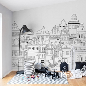 手绘欧式建筑儿童房壁纸简约黑白构图背景墙壁纸男女孩卧室壁画