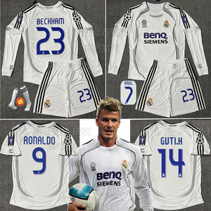 0607皇马球衣主场长袖贝克汉姆欧冠大罗劳尔齐达内复古足球服定制