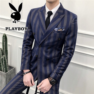 花花公子休闲西装男士韩版修身竖条纹西服套装小西装新郎结婚礼服