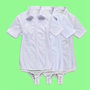 夏装短袖v领职业工作服修身女装连体衬衣ol条纹抗皱女士衬衫工装l