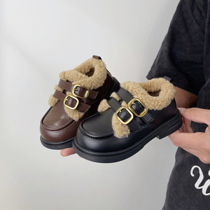 英国next road儿童加绒皮鞋2023冬季新款韩版羊糕毛女童低邦棉鞋