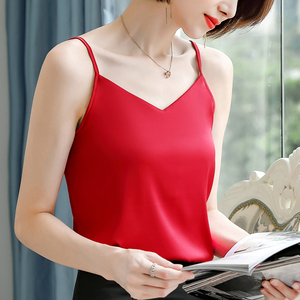 真丝绸缎v领吊带背心女夏季外穿性感红色无袖上衣西装内搭打底衫