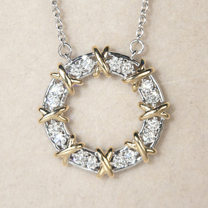 文欢珠宝  时尚交叉圈圈钻石项链 18K白金双色吊坠群镶颈饰