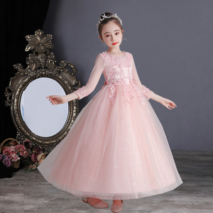 女童公主裙春夏大童主持人礼服女孩蓬蓬纱中大童粉色纱裙儿童裙子