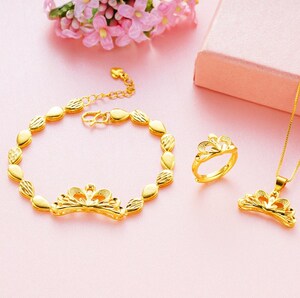 18k金婚礼套装越南沙金首饰不掉色24k金皇冠铜镀黄金项链三件套女