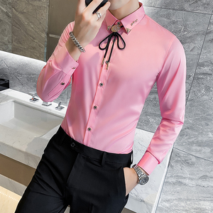 粉红色小领子金属装饰长袖衬衫夜店骚男纯棉弹力新郎结婚衬衣大码