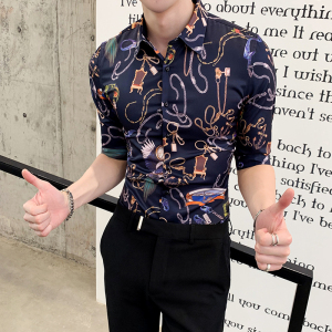 社会精神小伙古惑仔中袖衬衫碎花显肌肉男弹力项链花色七分袖衬衣