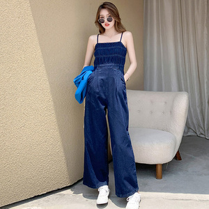 牛仔一字肩吊带连体裤女夏抹胸背带裤阔腿长款气质薄款裤高腰显瘦
