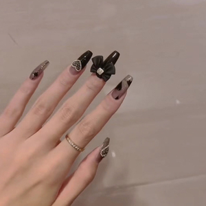 孕妇手工定制光疗穿戴美甲成品t型蝴蝶结暗黑色新娘可拆卸假指甲