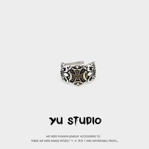 YU原创设计欧美复古金色十字架船锚开口戒指男潮个性时尚朋克指环