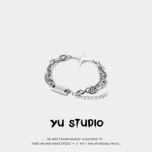 YU原创设计新款钛钢双层十字架方牌手链男女潮冷淡风情侣手饰品