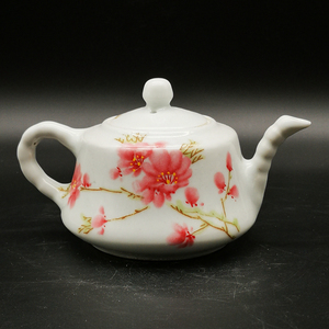 一九七五年款毛瓷粉彩水点桃花纹功夫茶壶景德镇厂货茶具仿古瓷器