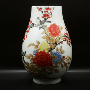 景德镇陶瓷器花瓶民国粉彩三月牡丹喜上眉梢福筒古玩古董客厅摆件