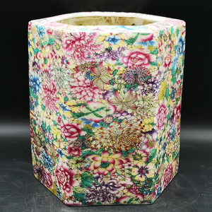特价民国粉彩万花六方笔筒画筒仿乾隆官窑书房摆件古玩古董老物件