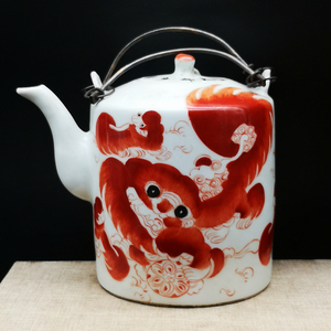 民国粉彩手绘太师少保纹提梁壶老茶壶旧水壶收藏景德镇厂货老物件