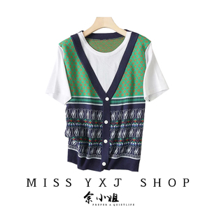 外贸韩国专柜出口尾单剪标女装大牌货针织拼接T恤假两件夏季短袖