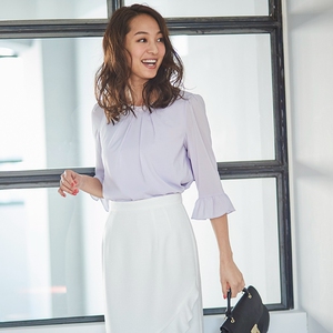 日本名媛贵牌 debut 钉珠领口 荷叶边喇叭袖 高级质感双层雪纺衫