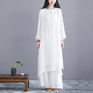 春夏中式女装棉麻长裙中国风茶服女文艺复古白色连衣裙禅意居士服