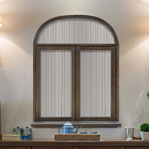 地中海风格拱形实木窗定制 钢化玻璃榫卯结构配送五金 樟子松木窗