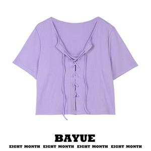 香芋紫针织短袖t恤女夏辣妹绑带设计感小众修身显瘦纯欲短款上衣