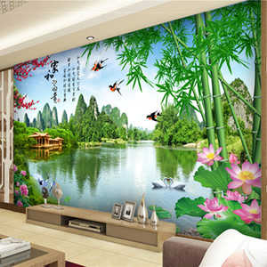 定制中式8D立体壁画竹子山水荷花风景画墙纸客厅装饰3D电视背景墙