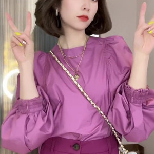 韩国东大门2024春秋款chic设计感小众褶皱泡泡袖梅子色衬衫女上衣
