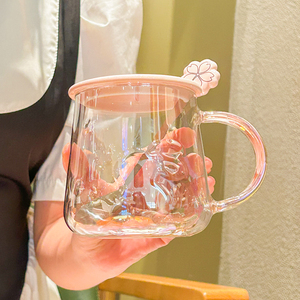 ins风樱花耐热玻璃喝水杯女生家用马克杯子带盖勺高颜值咖啡茶杯