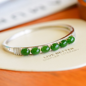 阿里拍卖捡漏s925银镶新疆和田玉碧玉蛋面时尚手镯玉镯女士款镯子