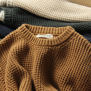 重磅华夫格毛衣日系复古咔叽加厚粗线针织圆领长袖套头休闲线衫潮