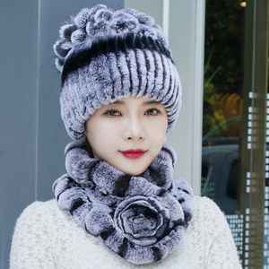 皮草獭兔毛帽子围巾新款两件套女士冬季保暖加厚新百搭韩版护耳帽