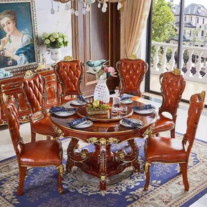 欧式圆形餐桌组合尊贵黑檀全实木雕花大理石餐桌椅美式家用饭桌子
