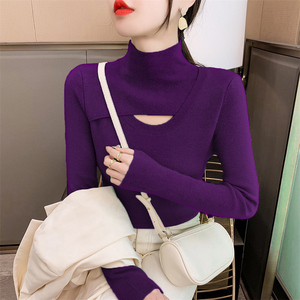 半高领羊绒打底衫女秋冬内搭紫色毛衣2022新款洋气修身镂空针织衫