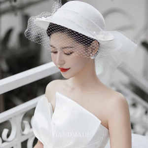 喜优新款法式超仙森系白色新娘礼帽头饰复古网纱帽子婚纱旅拍帽饰