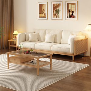 北欧全实木藤编沙发客厅小户型侘寂复古原木风组合木质沙发三人位