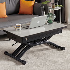 多功能升降岩板茶几餐桌两用一体式可变小户型客厅家用可移动带轮