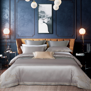 清悠居全棉四件套高档奢华蕾丝被套贡缎美式纯色床单纯棉床上用品