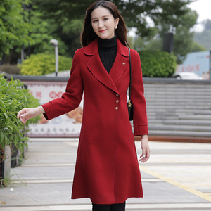 新款妃奴秋冬2021双面呢羊绒大衣红色女中长款外套高端修身21168