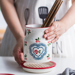 手绘樱桃欧式陶瓷筷子筒筷笼筷子架沥水家用厨房小物件勺子收纳筒