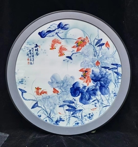 景德镇陶瓷瓷板画手绘青花荷花圆形客厅挂画装饰画摆设和顺图