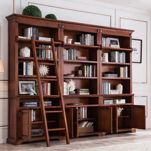 美式实木书柜一体靠墙整墙组合欧式轻奢带玻璃门书橱转角整套书架
