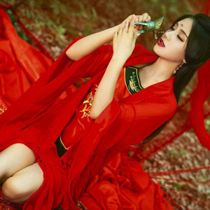 原创汉服女中国风古装性感影楼古风艺术照仙女私房照夏装红色古风