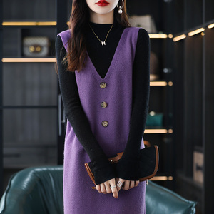 秋季外搭马夹连衣裙新款针织100纯羊毛马甲裙女中长款坎肩背心裙