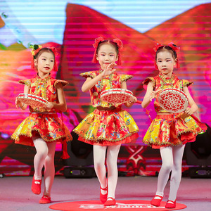 六一儿童喜庆演出服说唱中国红梦娃秧歌服女童太平鼓打鼓舞蹈表演