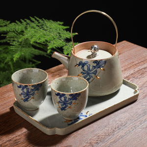复古粗陶茶壶一壶二杯旅行茶具陶瓷水壶功夫茶具日式提梁壶单壶