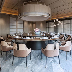 新中式大理石酒店餐桌椅组合电动大圆桌会所餐厅包间别墅家具定制