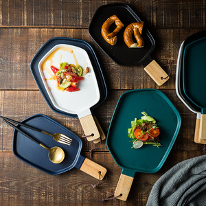 北欧个性木把盘子创意陶瓷西餐盘西式餐具牛排餐盘家用网红餐盘