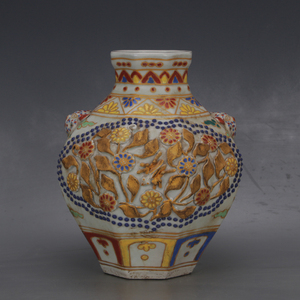 大明 宣德年五彩描金堆花兽耳尊 仿古官窑出土古瓷器古玩收藏摆件